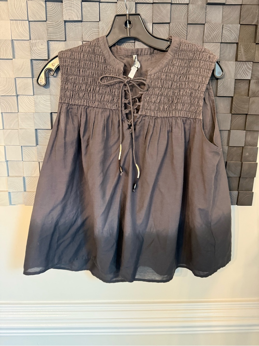 Smocked Lace-Up Sleeveless Blouse in Dip Dyed Charcoal